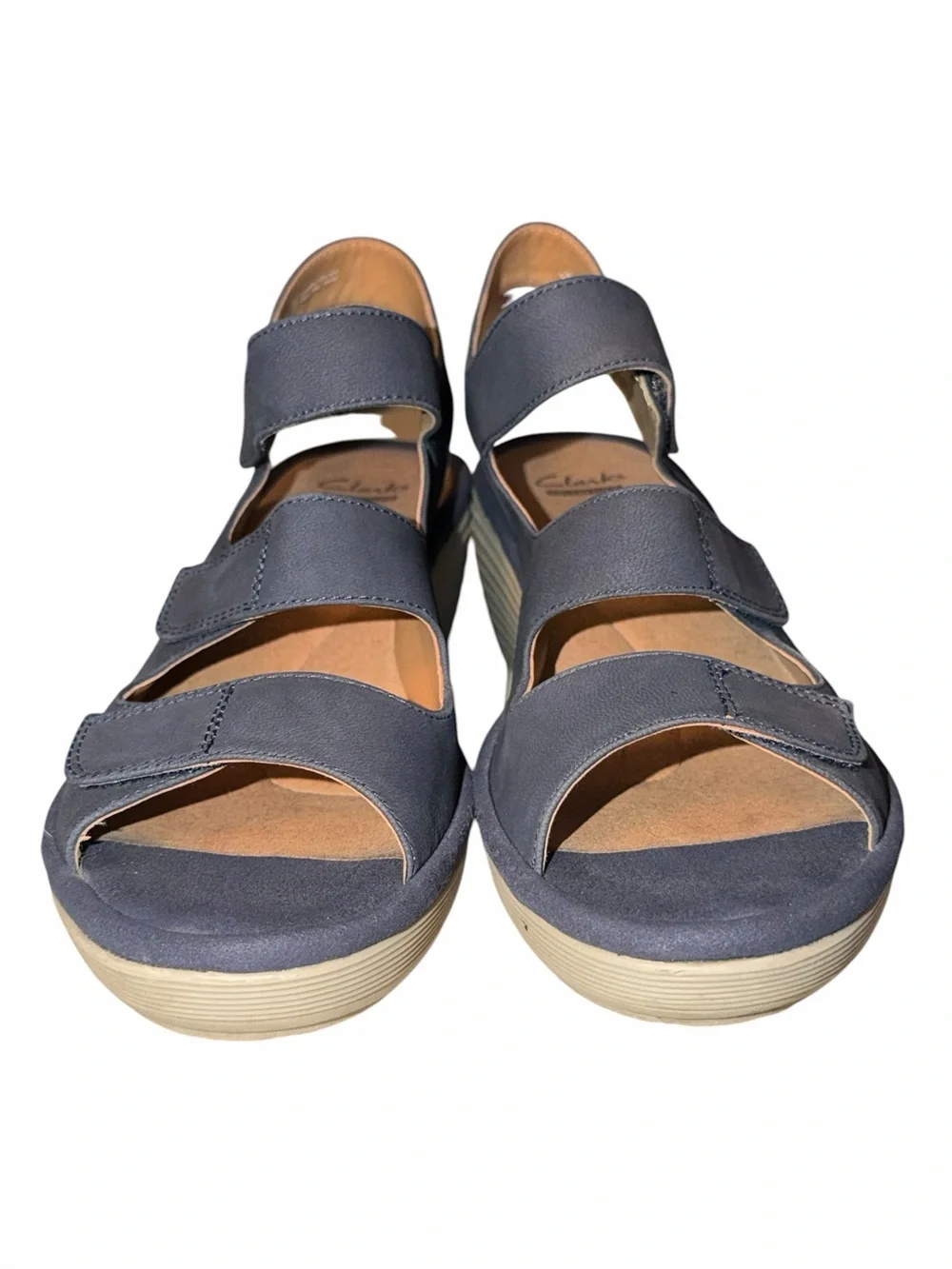 Clarks Reedly Juno Navy Nubuck Platform Wedge Comfort Soft Cushion Sandals 8.5